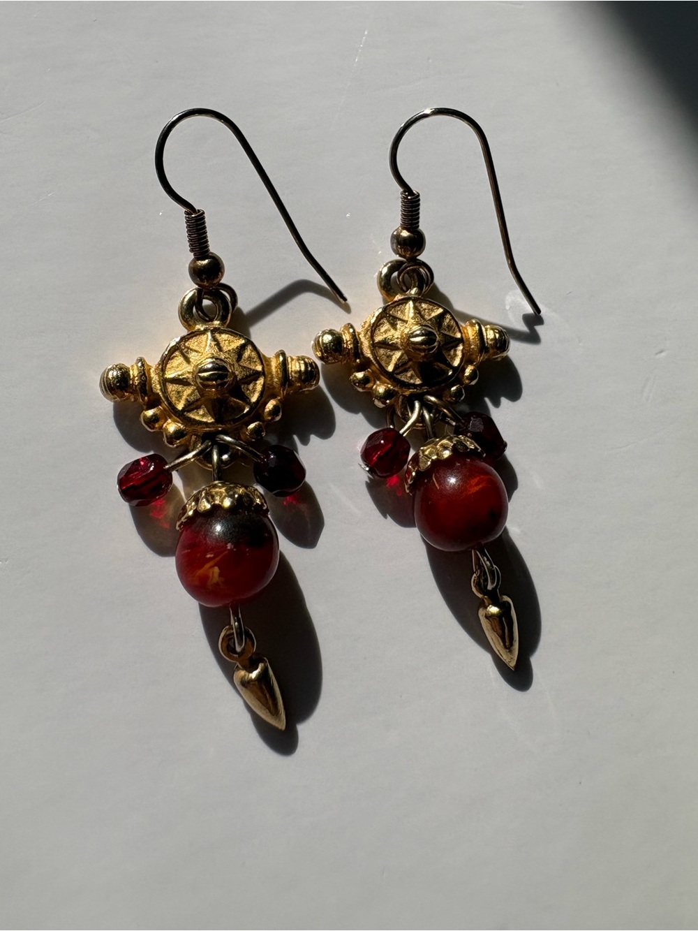 Vintage Artisan Gold Dangle Earring Byzantine Etruscan Sun Carnelian Coral Spike